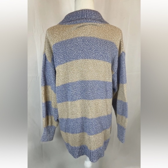 Zara Oversized Striped Sweater Blue Tan Chunky Knit Buttons Mock Neck Woman’s S - Picture 6 of 15